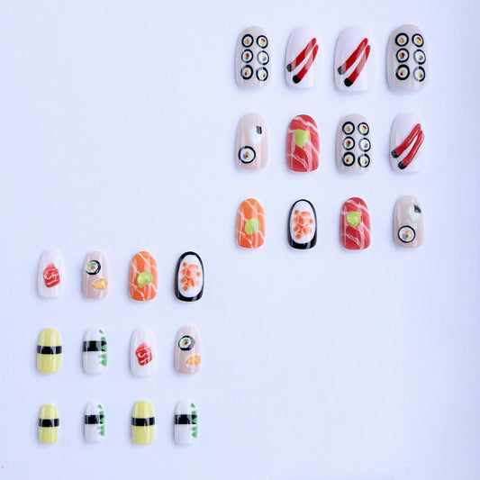 24pcs Summer Short Oval Fake Nails Cute Cartoon Sushi Pattern Press On Nails Japenese Style Charming Detachable False Nail Tips