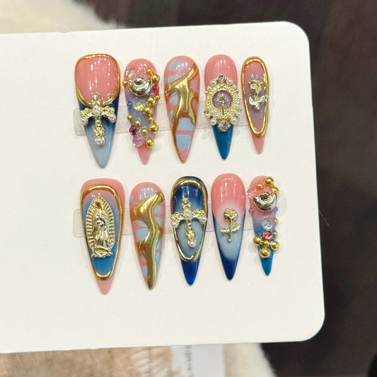 10PCS Stiletto Handmade Press On Nails,Pink Gold Edict Retro Style,Suitable For Festivals Parties And Daily Wear.