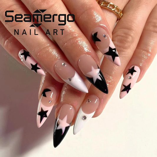 24PCS Y2K Stiletto Fake Nails with sweet spicy Star Accents Rhinestone Beads Press on Nails Pink White Black Edgy Street Style