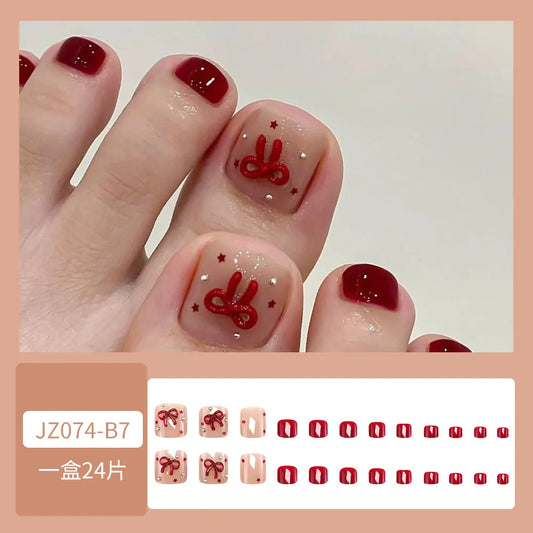 24pcs Red Bowknots Press On Toenails Five-pointed Star Diamond Decor False Toenail Spicy Girl Wearable Fake Toe Nails Sweet Cool