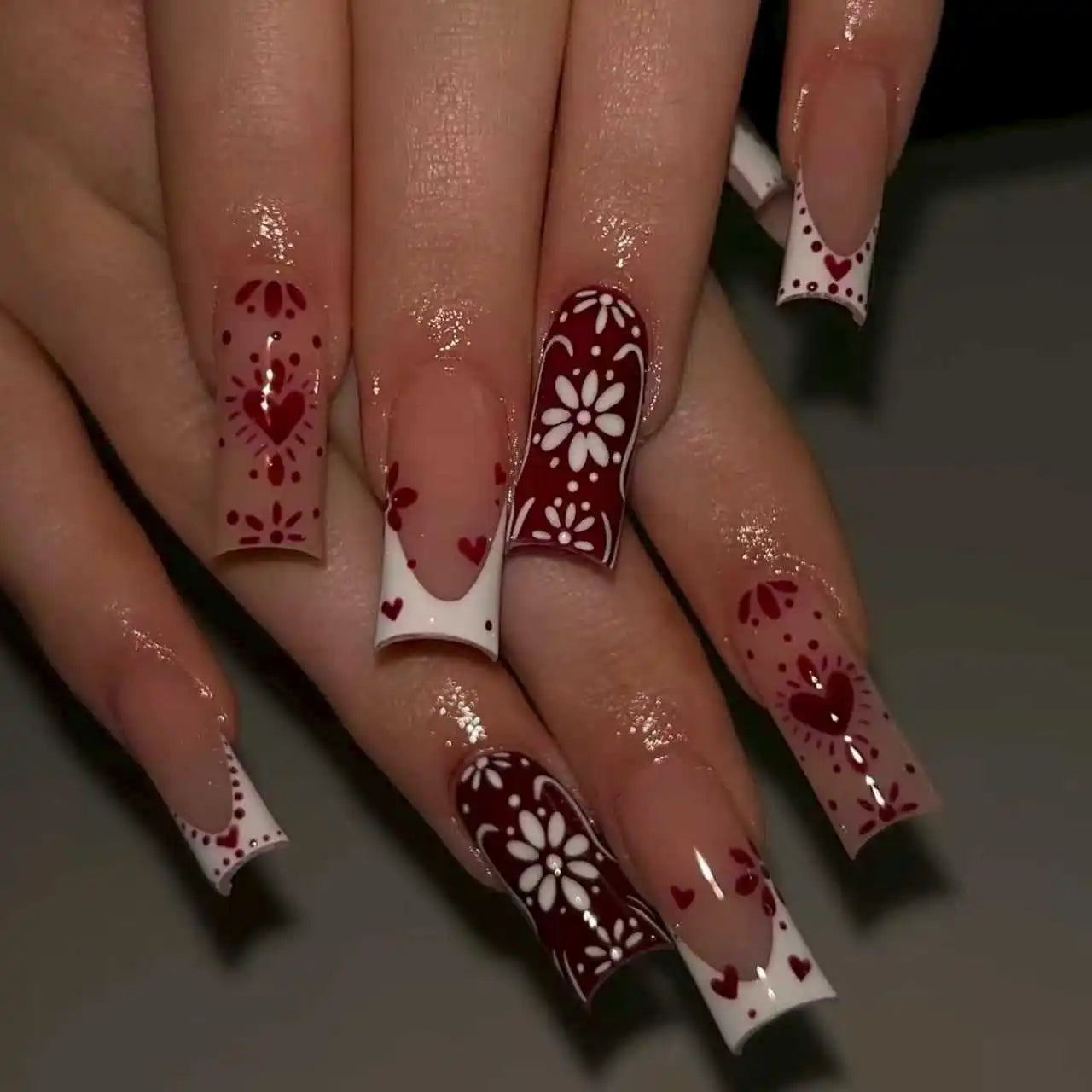 24pcs Long Coffin Nails Tips White French 3D Bow Press on Nails Set Butterfly Flower Stick on Fake Nail Finished Pink False Nail