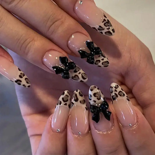 24Pcs French Fake Nails Almond Long Coverage Press On Nails Cute 3D Bow diamond INS Reusable False Nail Leopard Wearing Nails