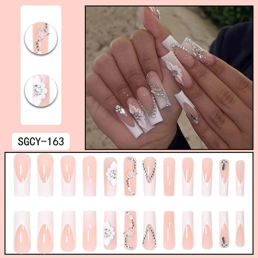 24 Long Coffins with French Patterns, Flowers, Butterfly Dots, Diamond Shiny Fake Nails, press on nails
