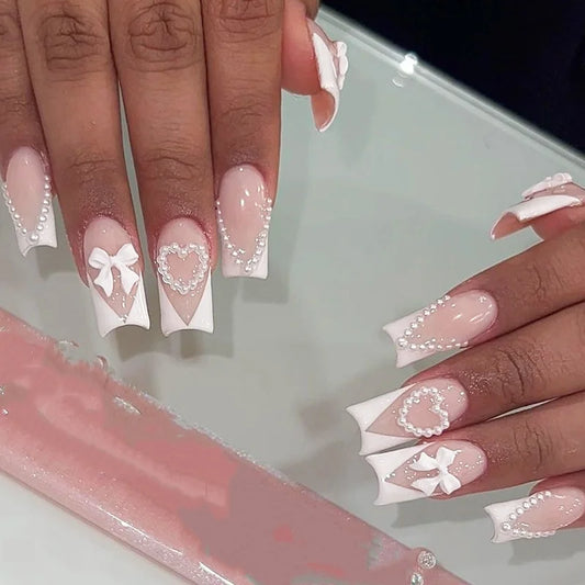 24pcs Bow Stick on Nail Sets Wearable French Long Square Fake Nails with Simple Love Pearl Design Press on False Nails Finished