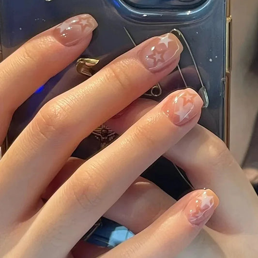 24pcs Simple Fake Nails Tips Detachable Star Gradient Design Stick on Nail Set Short Ballet False Nail Art Square Press on Nails