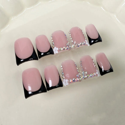 10pcs Short Duckbill Handmade Fake Nails Art Simple Black French False Nail with Diamond Tips Design Press on Nails Set Finished