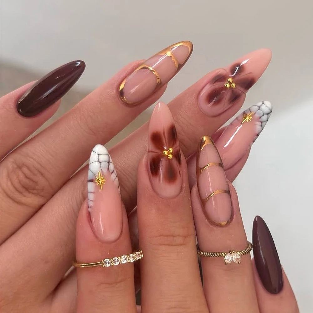 Wine Red French Wearable Nail Art Flowers Petal Halo Dyeing Almond False Nails Detachable Finished Fake Nails Press on Nails