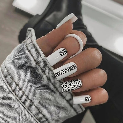 24Pcs Black Leopard-print Pattern Square Fake Nails Short Ballet French Glossy Design Hot Girl Manicure Detachable Acrylic Nails