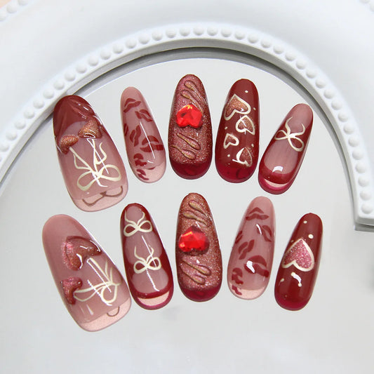 24pcs Red Love Diamond Design Press on Nails Glitter Red French Almond Fake Nails Women Wearable Gold Bow Print Y2k False Nails