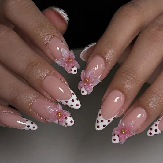 3D fake nails for women girls french style almond nail tips with polka dots leopard embossed flowers press on acrylic false nail