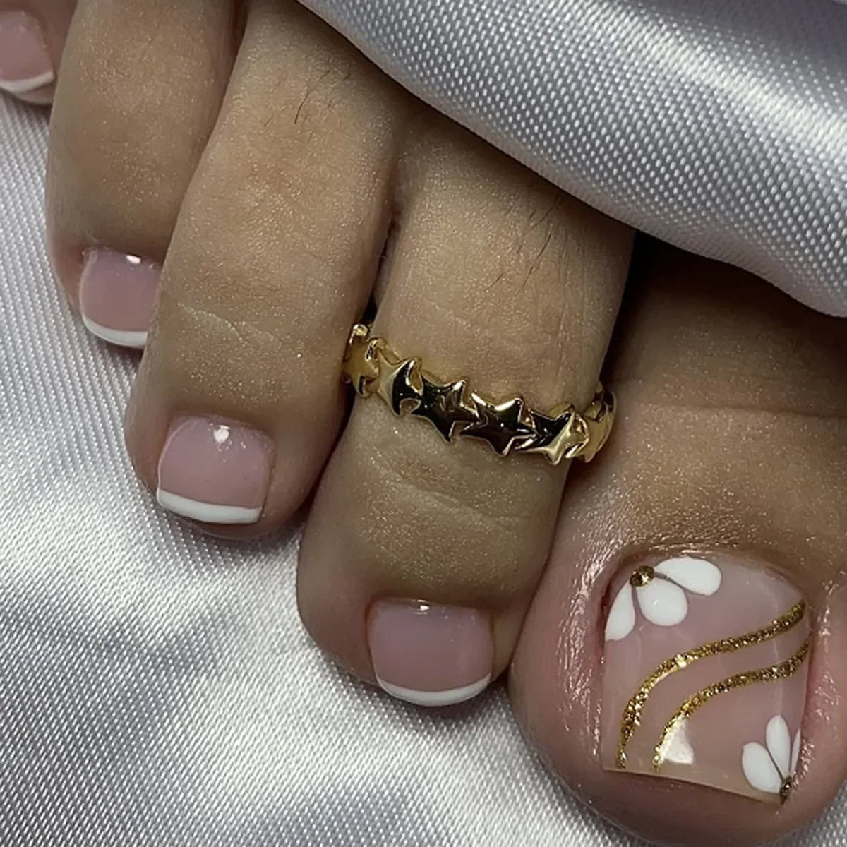 3D Gold Edge French Nude Toenail Art Fashion Simple Wearable Fake Toenails Detachable Toe False Nails Press on Nails with Glue