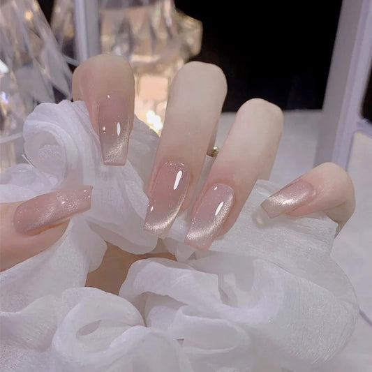 24pcs Cute Nails Sets Press on Light Luxury Pearl Design Gradient Nude Color Short Ballet Nails Tips Wearable Coffin Fake Nail