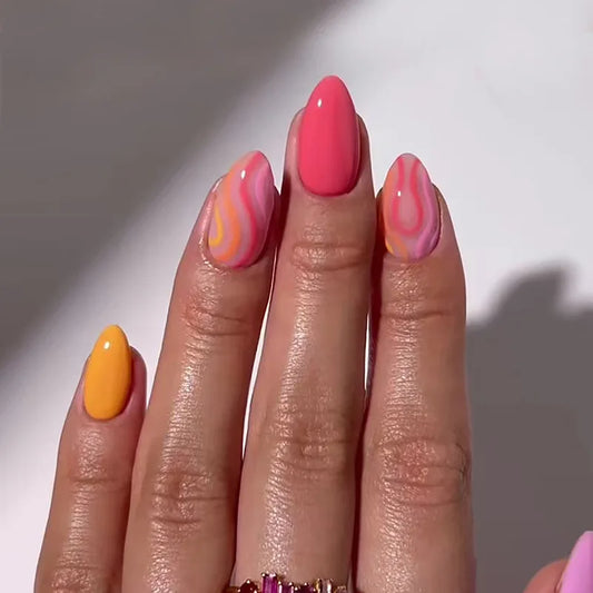 24Pcs Spring Pastel Floral Press on Fake Nails Sweet Almond Acrylic False Nails French Design Short Wearable Daily Manicure Tips