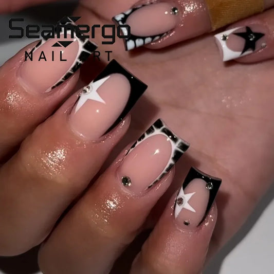 24PCS Medium Square False Nails Autumn Straw Stripe Design European American Brown French Fake Nails 3D Butterfiy Press on Nails