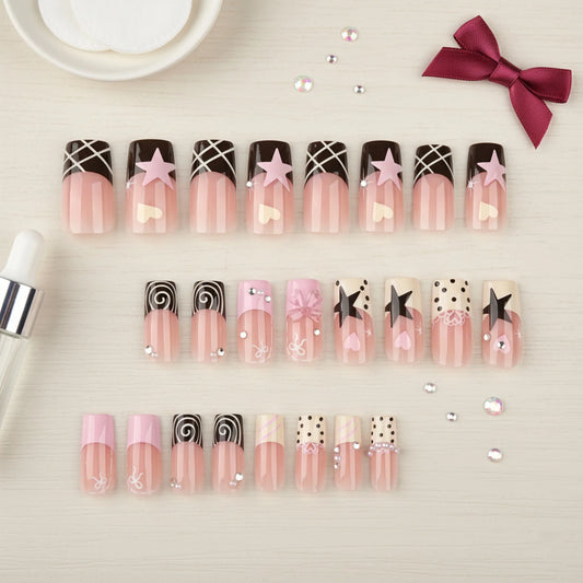 24pcs French Square False Nails Press On Nails Sweet Style Artificial Nail Tips For Women Daily Wear Wearable False Nails Woman