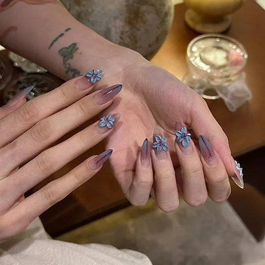 24Pcs Mid-length French Almond Fake Nails 3D Flower Design Press on False Nails Art Detachable Artificial Full Cover Nails Tips