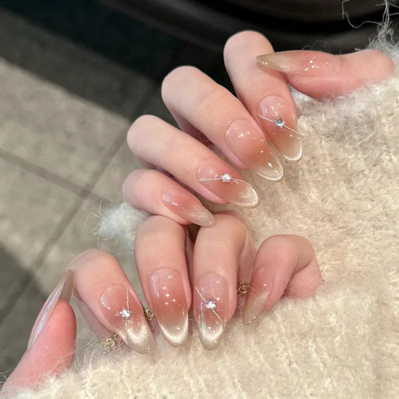 24pcs Long Almond Press on Nails Gold Bow Fake Nails Cherry Pattern False Nail Artificial Tips Накладные Ногти Uñas Postizas 네일팁