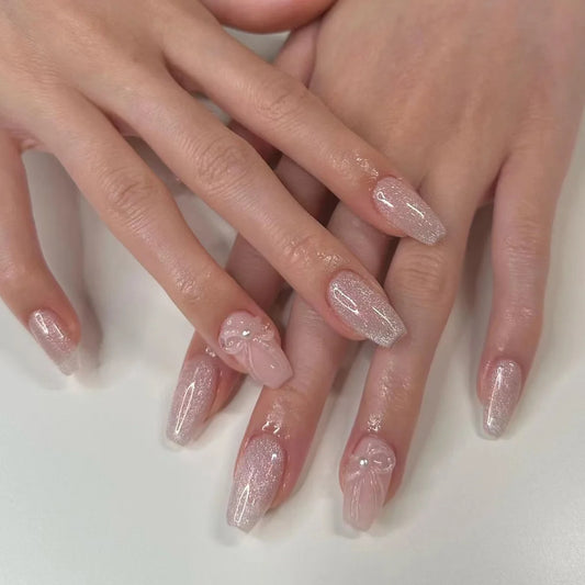 24pcs Bow Pink Fake Nails Art Sweet Short Ballet False Nail Tips Pearl Glossy Design Press on Nails Set Reusable Full Cover Nail