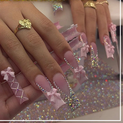 24Pcs Pink Long Ballet Coffin False Nails Butterfly Flower with French Design Wearable Fake Nails Glitter Press on Nail Tips Art