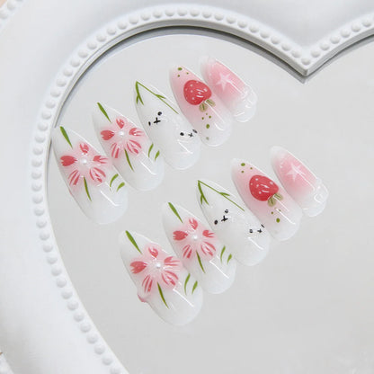 24pcs Cute Cartoon Press On Nails Little Fresh Colorful Oil Painting Style Fake Nails Kawaii Short Almond Fake Nail For Girls
