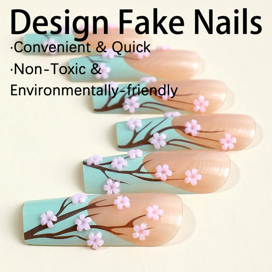 24pcs Long Ballerina Fake Nails 3d Flowers Decor Green French Press on Nails Full Cover Wearable European Spice Girl False Nails