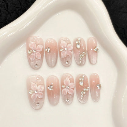 10Pcs Pink Shiny Cat Eye Sweet Lovely Nails Sticker 3D Flowers Almond Oval French Finished Fashion Fake Nail Full Cover Press On