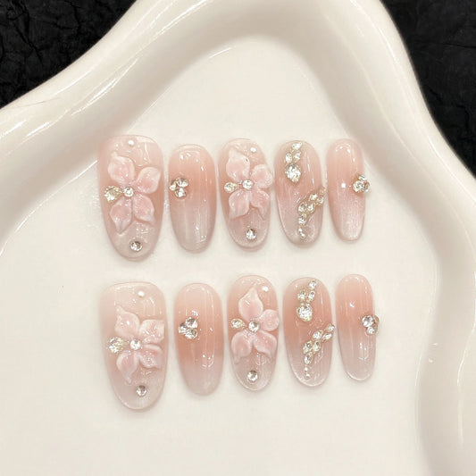 10Pcs Pink Shiny Cat Eye Sweet Lovely Nails Sticker 3D Flowers Almond Oval French Finished Fashion Fake Nail Full Cover Press On