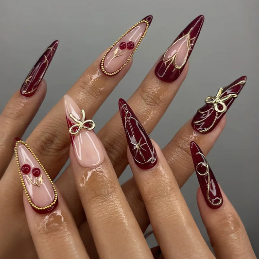 24Pcs Long Stiletto Nails Set Press on Pink French 3D Flower Polka Dot Fake Nail Rhinestone Wearable Full Cover False Nails Tips