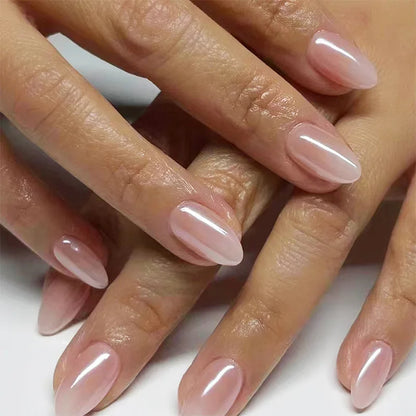 24pcs Aurora Nude Pink Press on Nails Almond Acrylic Simple Fake Nails with Gradient Design Nail Chrome Solid Color False Nails
