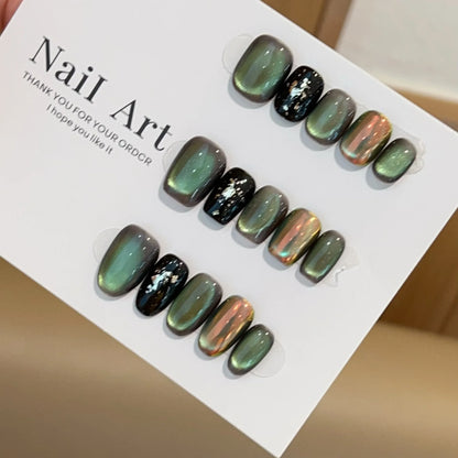 Jade – Green Glass Bead Cat Eye Short Press-On Nails