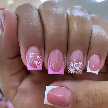 24pcs Press on Nails Short Almond Bowknot Black Press on Nails White Pearl Sweet French Tip Press on Nails Cute Nail Artificial