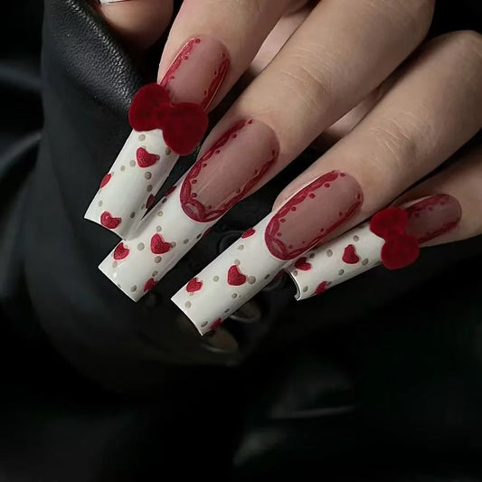 24pcs Sweet Love Fake Nails Valentine's Day Gifts Press on Nail with Cute Bow French Long Ballet False Nails Wearable Detachable