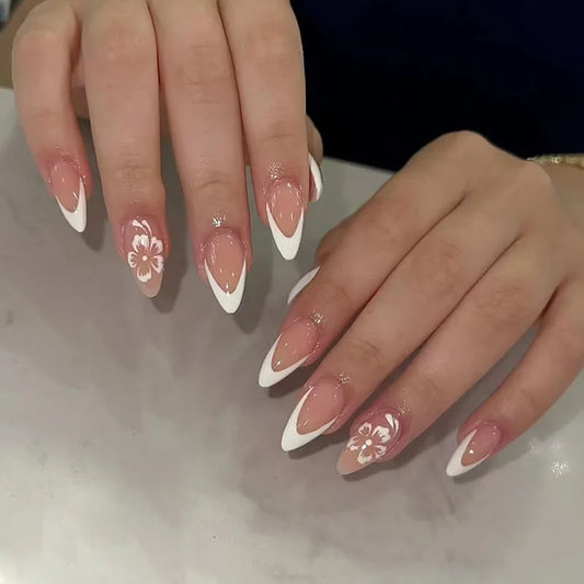 24pcs White Nails Wearable Spring Summer Flower Long Almond Fake Nail Round French Tips False Nail Sets Finished Press on Nails