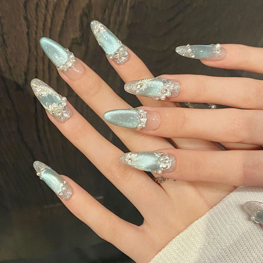 10Pcs Blue Cat's Eye Handmade Fake Nails Flower Pearl Rhinestone False Nails Press on Long Round Reusable Full Cover Nails Tips