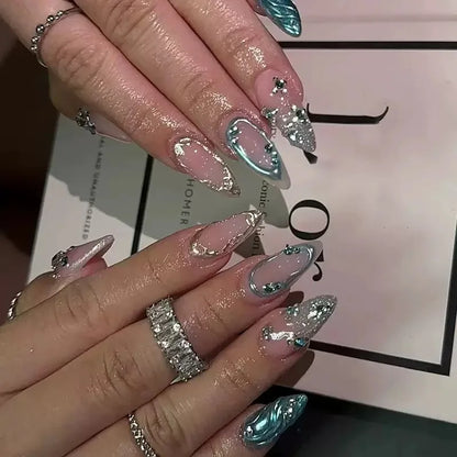 24Pcs Light Blue Smudge Fake Nails Press on Almond Gold Leaf Removable Long Full Cover Nail Tips Wearable Finished Nail Art