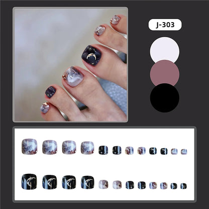 24pcs Shiny White False Toenails with Glitter Powder Design Square Fake Toe Nails Women Wearable Full Cover Press on Toenails