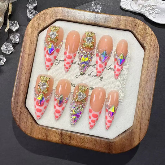 10pcs high-end Elegant and light luxury style, hand-painted spot pattern, three-dimensional bear, dazzling square diamond hand