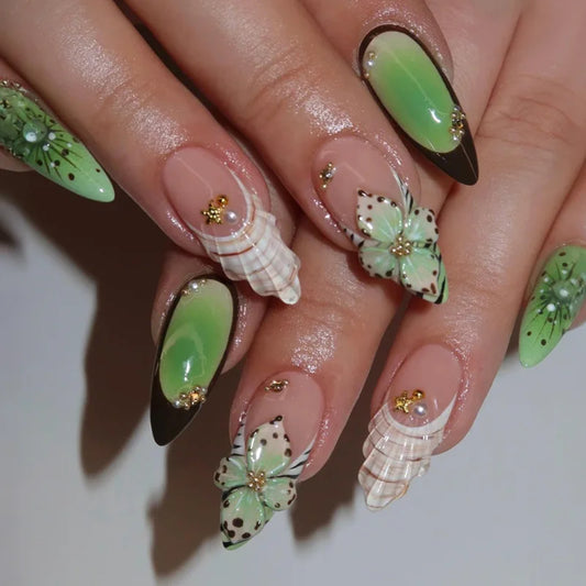 24Pcs Summer French Almond Fake Nails Set with Flora Pearls Fresh Nails Manicure Mid-length Acrylic Finished Nail Tips for Women
