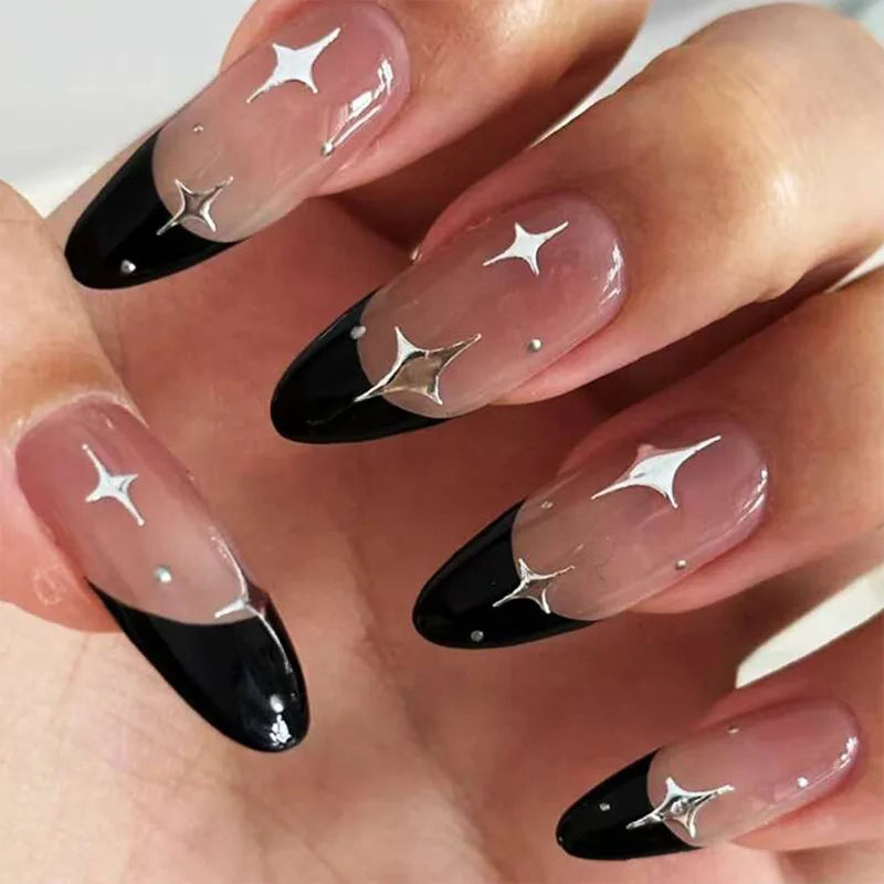 24pcs Black French Fake Nails Sets Wearable Y2k Star Pattern Long Almond False Nail Art Simple Round Head Press on Nails Tips