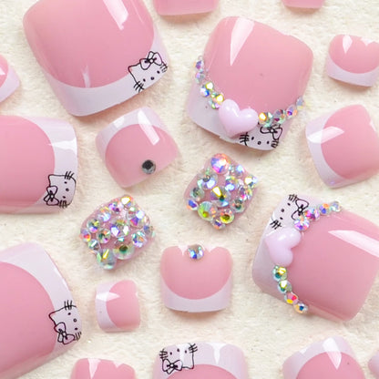24Pcs Toenail Patch White French Wear Nail Art Three-Dimensional Pink Small Heart Fake Nail