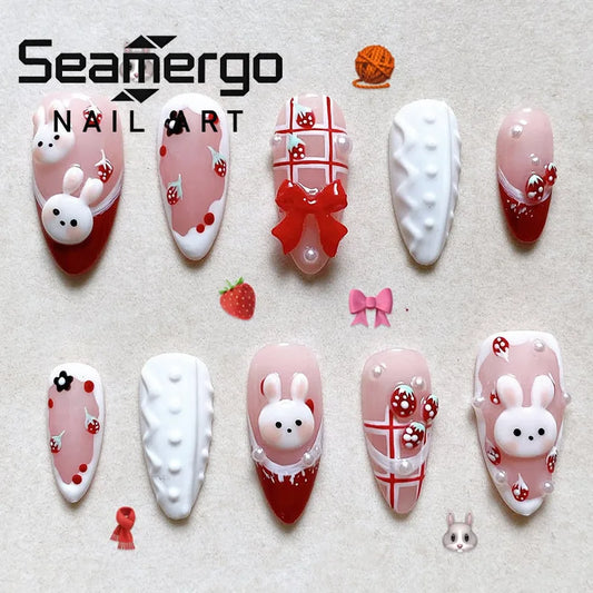 24PCS Cute False Nails Sweet Blush Bunny Almond Pearl Press on Nails Hand Painted 3D Cartoon Bow French Gentle Design Fake Nails