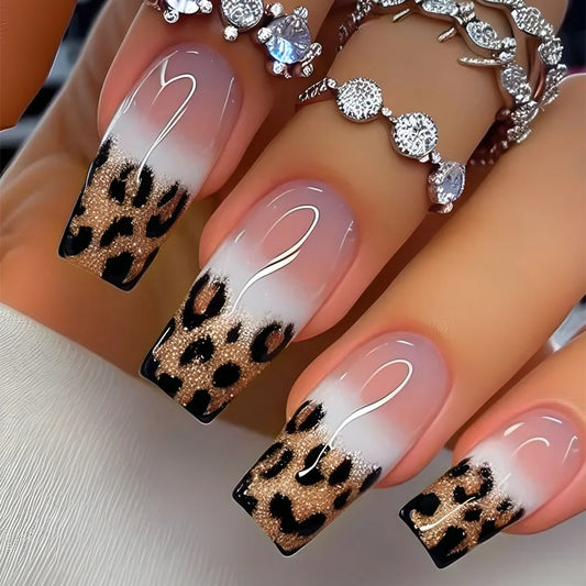 24pcs Finished Coffin Fake Nail Art Datachable Simple Leopard Print Design False Nail Sets Gradient French Press on Nails Tips
