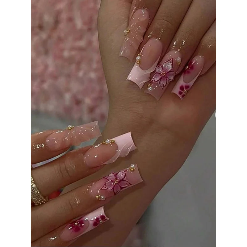 24pcs/Set Y2K French Medium Length Nail Tips, Sweet 3D Pink Flower & Wavy Design With Golden Beads Accent, Press-On Artificial