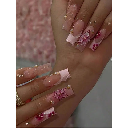 24pcs/Set Y2K French Medium Length Nail Tips, Sweet 3D Pink Flower & Wavy Design With Golden Beads Accent, Press-On Artificial