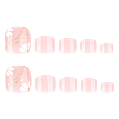 Nude Pink Color Fake Toenails 24Pcs Simple Charm Press On Toes Nails Flower Printed White French Tip Reusable False Nails