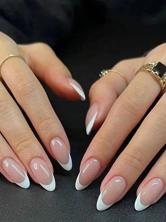 24pcs Long Almond Fake Nails White French Press on Nails Simple Full Cover Detachable Nail Tips