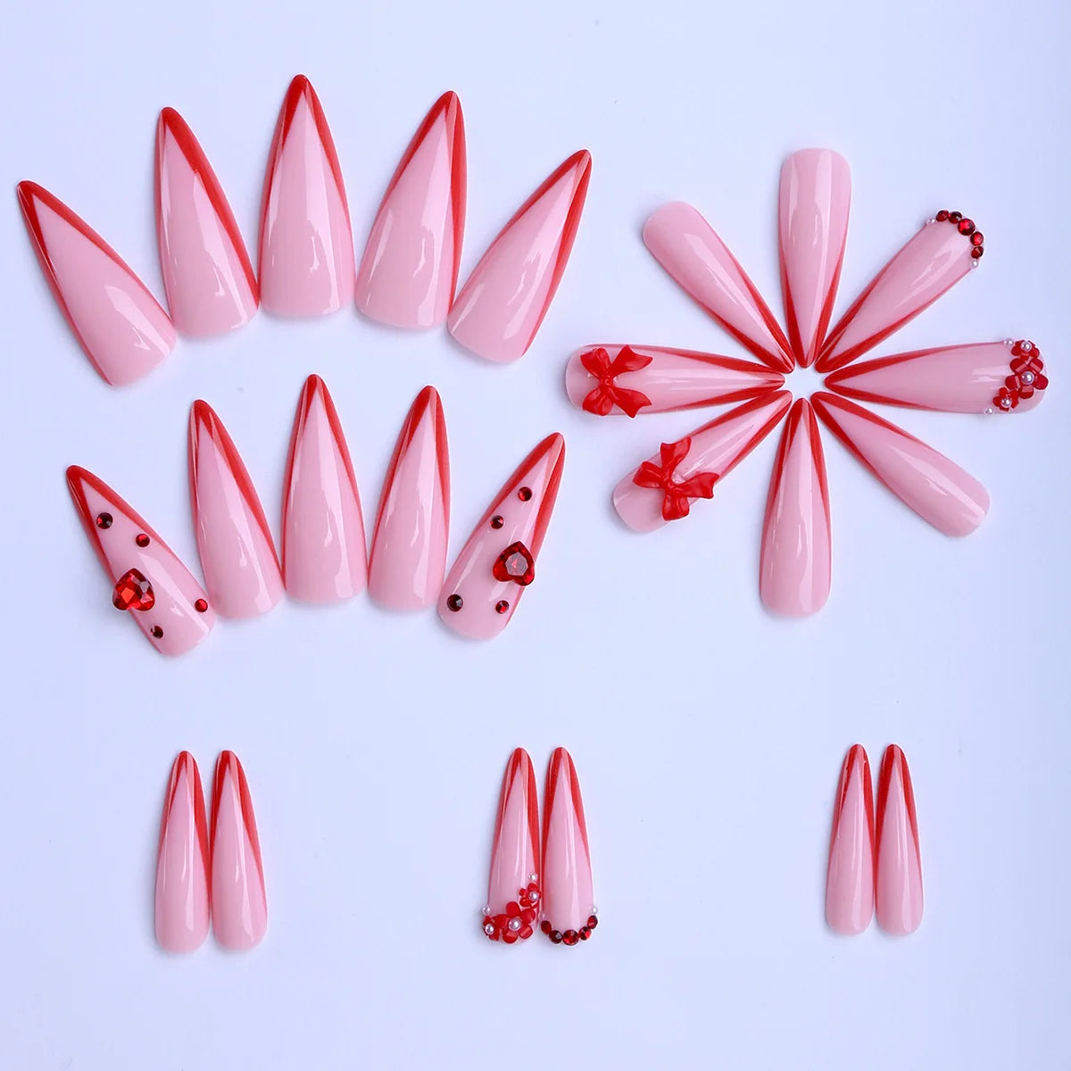 24PCS Red Bow Red False Nails Love Gemstones Stiletto Press on Nails Valentines Day French Tip Design High End Daimond Manicure