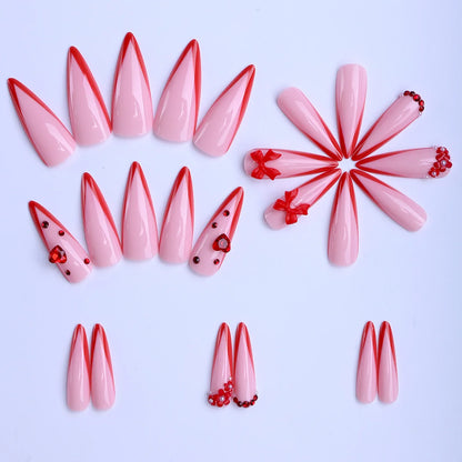 24PCS Red Bow Red False Nails Love Gemstones Stiletto Press on Nails Valentines Day French Tip Design High End Daimond Manicure