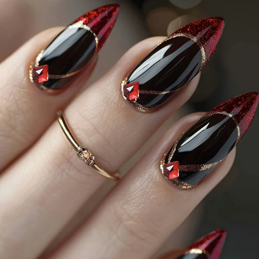 24pcs Reusable Almond False Nails Tips Red Shiny Powder Design French Press on Nails Set Diamond Fake Nail Golden Lines Manicure