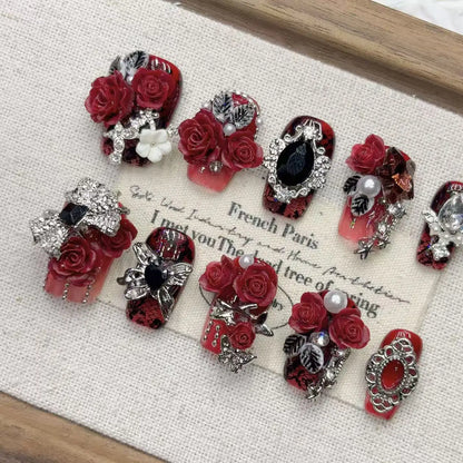 Gothic Red Rose Press On Nails With Rhinestones Metal Ornaments Pearls Multiple Sizes Red Black 3D Rose Rhinestones Design